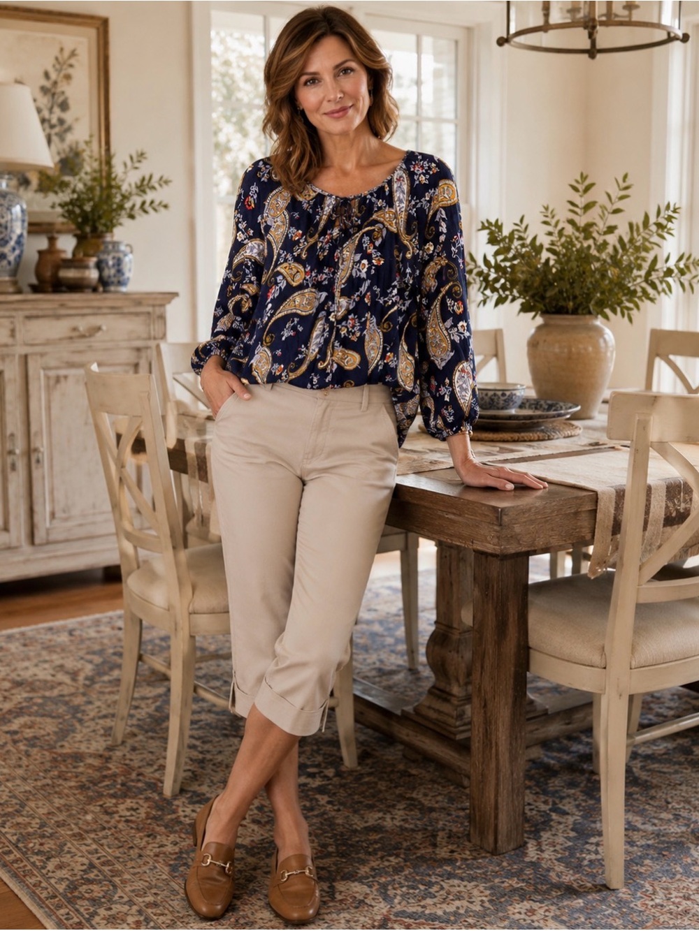 Lucky Brand long sleeve tie vneck paisley top